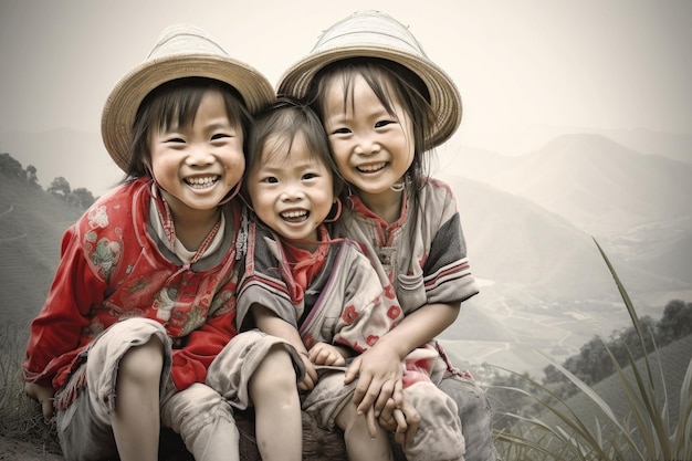 ベトナムのモン族の子供たちの幸せなベトナムの階段の背景