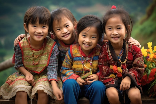 Vietnamese Hmong-kinderen gelukkige Vietnamese trapachtergrond