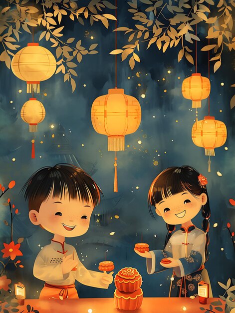 Photo vietnamese mid autumn festival scene with lanterns moon cake festival background layout art decor