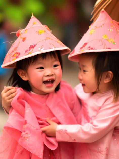 Vietnamese New Year kids in pink traditional costumes