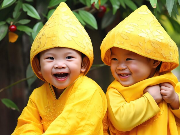 Foto bambini vietnamiti di capodanno in costumi tradizionali gialli