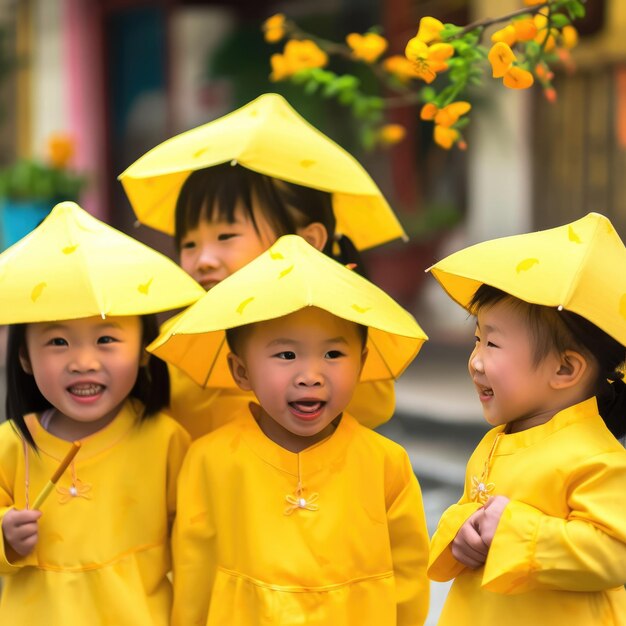 Vietnamese Nieuwjaarskinderen in gele traditionele kostuums