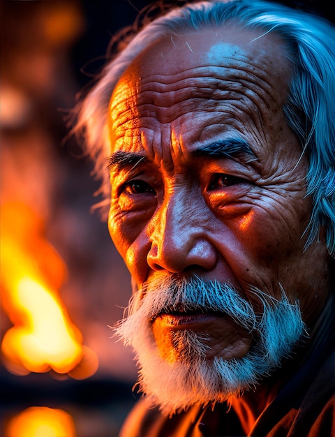 Vietnamese old man next to a bonfire