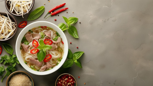 Вьетнамский суп с кусочками говядины, рисом, лапшей, травами и чили на текстурированном сером фоне.