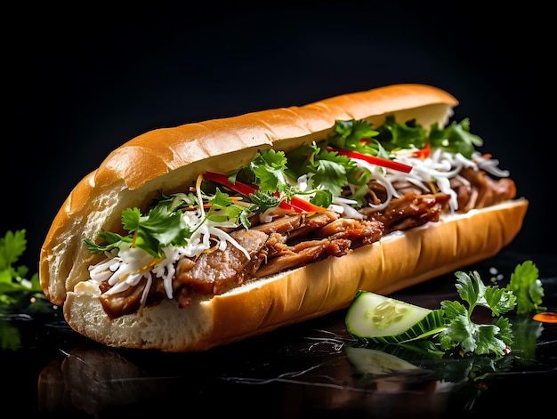 베트남 돼지고기 Banh Mi 샌드위치 칠란트로와 다이콘 어두운 배경에 Ai Generative