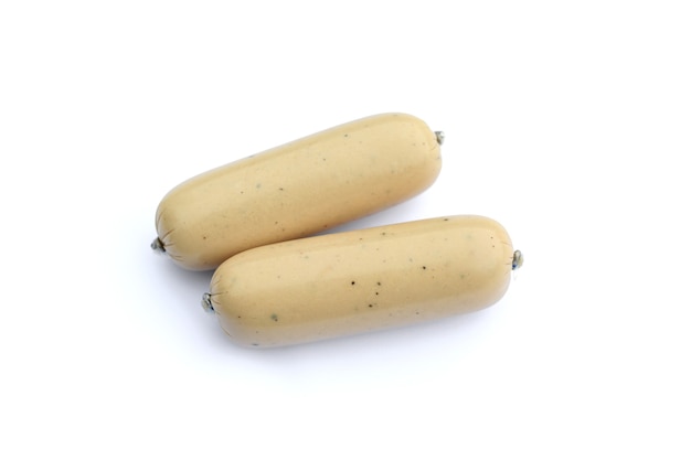 Vietnamese pork sausage in package isolated on white background. Raw food.