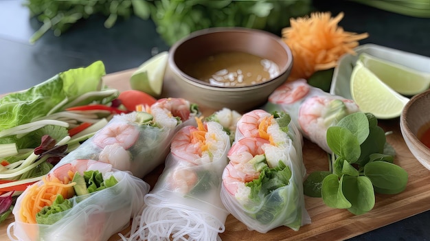 Vietnamese summer rolls are a flavorful and satisfying dish that combines vermicelli noodles fresh vegetables and herbs all wrapped up in a delicate rice paper wrapper Generated by AI