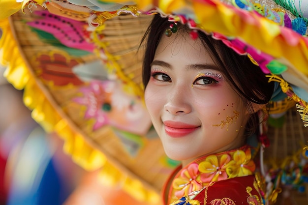 Photo vietnamese woman in traditional costume holding a colorful umbrella