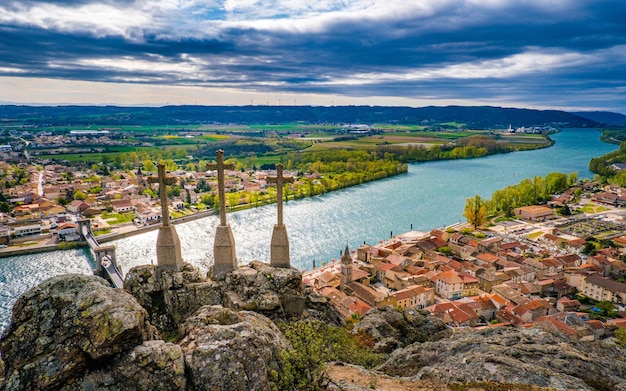 View on the 3 crosses belvedere, the Andance village, the Rhone valley and the countryside of Drome