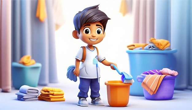 View of 3d boy cleaning home