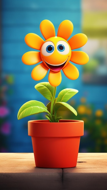 View of 3d cartoon flower in pot