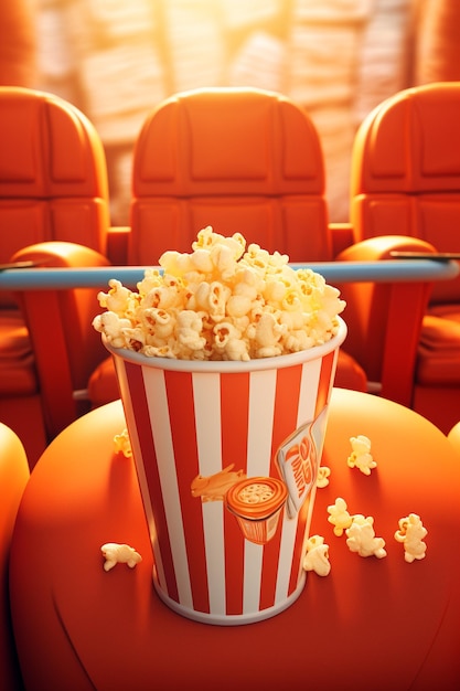 View of 3d cup of popcorn with cinema seat