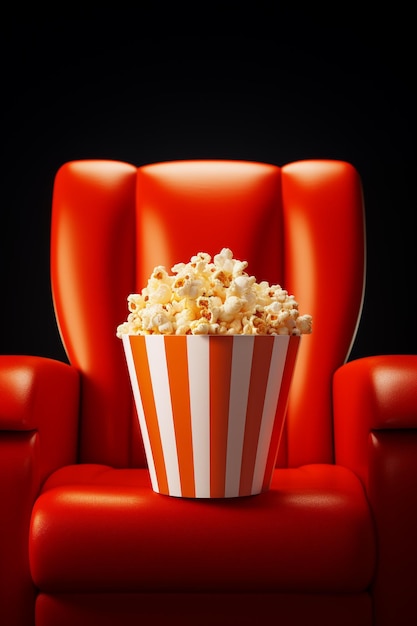 View of 3d cup of popcorn with cinema seat