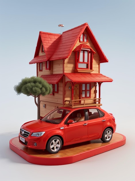 View of 3d house model with font side stand a red car