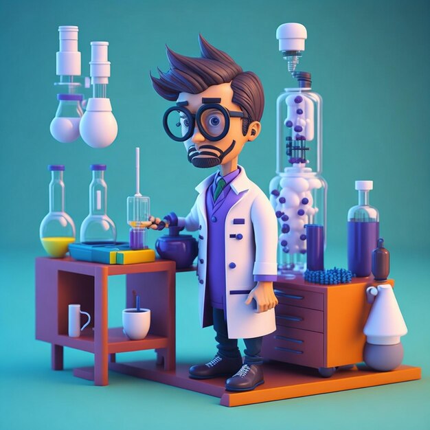 Photo view of 3d male chemist in the lab with style icon image cute comic style male chemist illustration