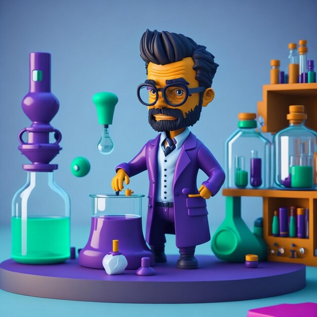 Photo view of 3d male chemist in the lab with style icon image cute comic style male chemist illustration