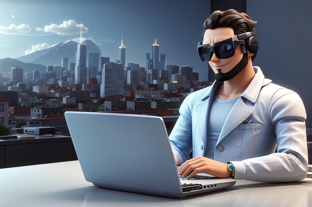 View of 3d man using laptop