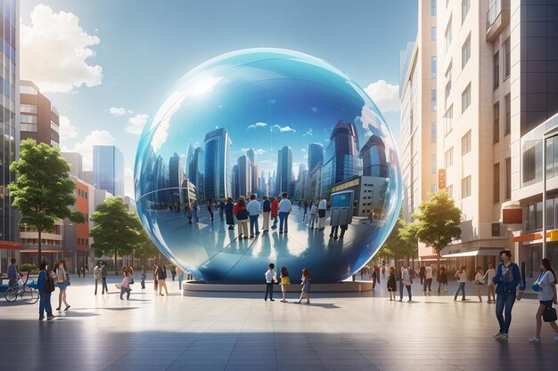 View of 3d modern sphere with people in the city