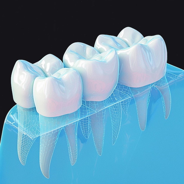 3D 렌더링은 치과 치료에 초점을 맞추고 건강한 치아를 묘사합니다.
