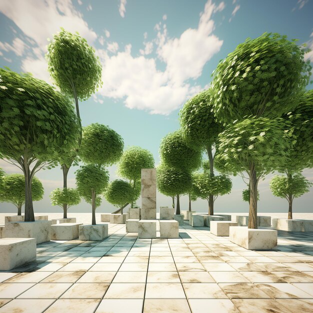 View of 3d trees in square