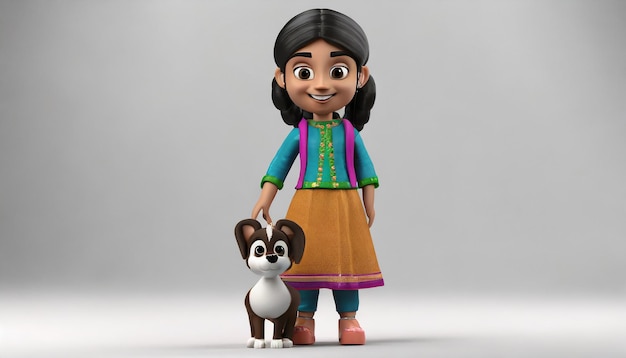 Photo view of 3d young girl with small pet