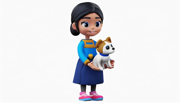 View of 3d young girl with small pet