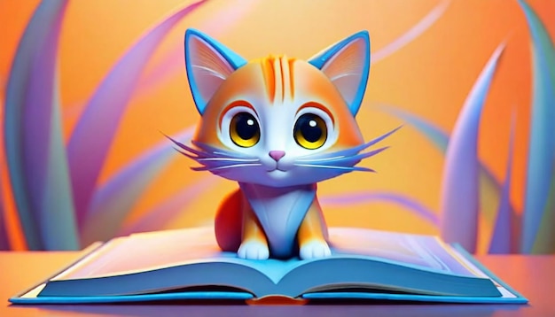 Photo view of adorable 3d cat on book