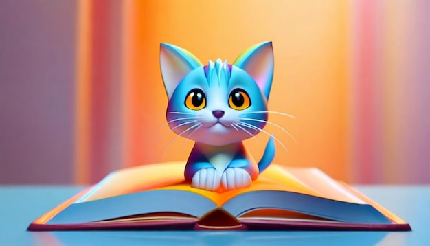 View of adorable 3d cat on book