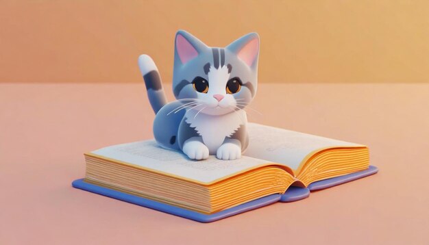 View of adorable 3d cat on book