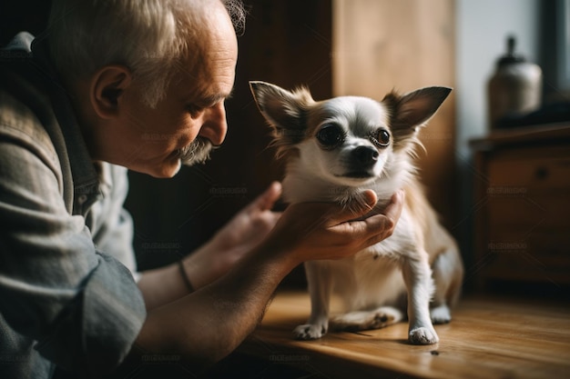 Photo view of adorable chihuahua dog spending time with male owner at home