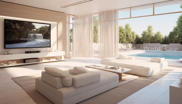 Взгляд на эстетический экологически чистый дом Минималистский диван в изогнутом стиле, покрытый тонкой тканью, и смарт-телевизор на кремовых стенах Вдохновение для экологически чистых комнат