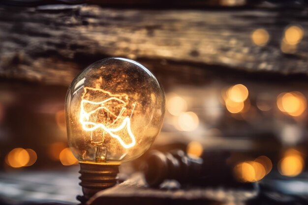 Foto vista di una vecchia tavola di legno da vicino calda lampadina elettrica bokeh luce sfocata o sfocata