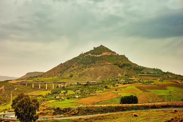 View of agira, sicilia town on the top of the hill