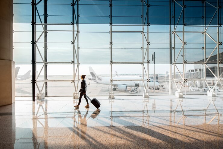 Photo 空港の出発ホールでスーツケースを持って歩いている女性と一緒に空港の窓を眺める。コピースペースのある広角ビュー