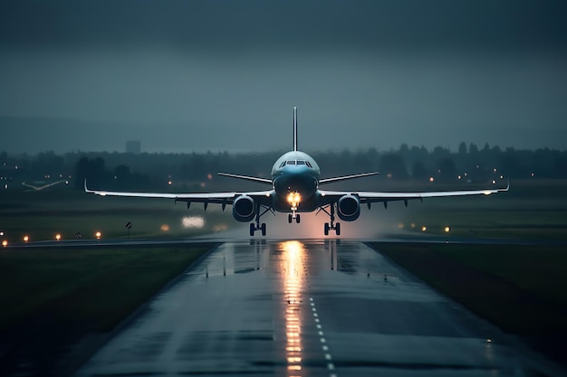 View of airplane on airport runway under dramatic sky generative ai