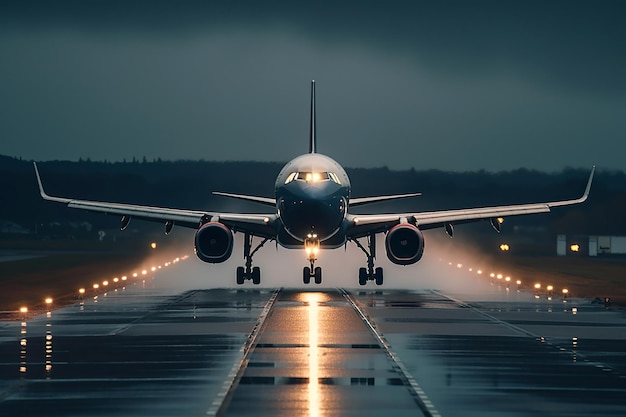 View of airplane on airport runway under dramatic sky generative ai