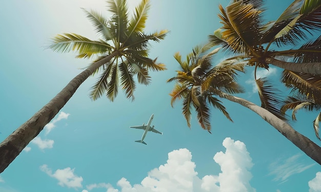 A view of an airplane flying across the clear sky and coconut trees