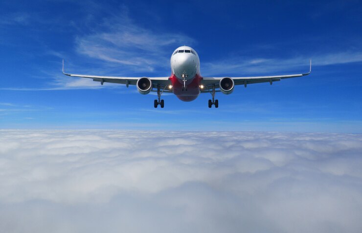 美しい雲の上を飛んで完全着陸構成を持つ飛行機の眺め。