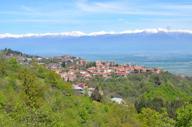 View of the Alazani Valley, the town of Sighnaghi and Caucasian ridge