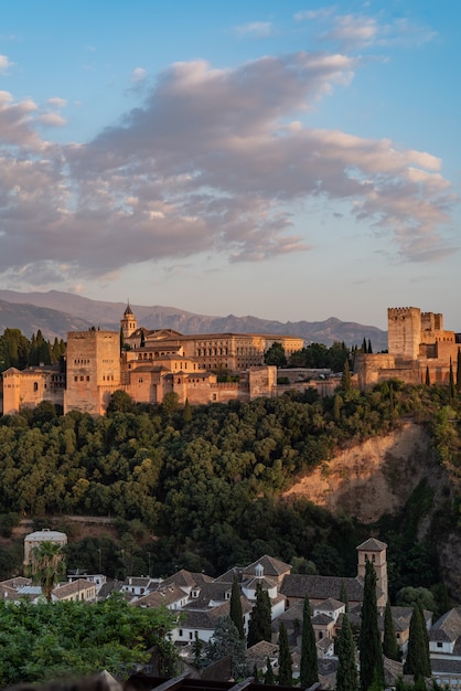 View of the Alhambra of Granada at sunset