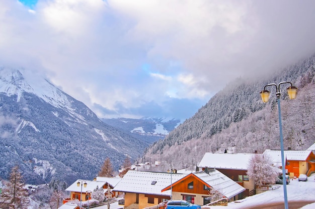 View to Alpine village Champagny-en-Vanoise in winter. Champagny-en-Vanoise is a commune in the Savoie in the Rhone-Alpes region in France. It is known for the skiing and snow-boarding slopes