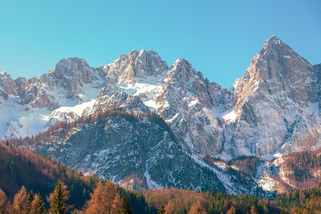 View of Alps in Kranjska Gora at sunrise Triglav national park Slovenia Europe