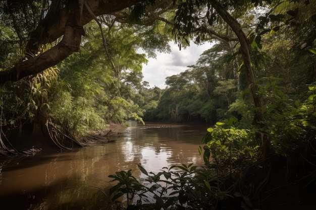 View of amazon river with the canopy and vines of the rainforest in view created with generative ai