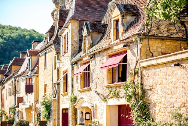 View on the ancient buildings at the famous La Roque Gageac village in France