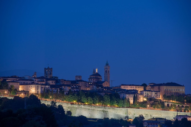 View of the ancient city of Bergamo at sunset