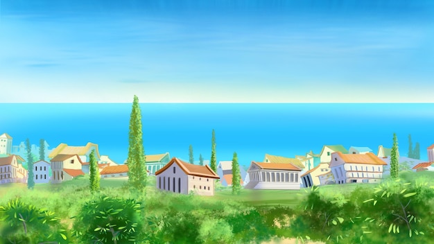 Photo view of the ancient city by the sea digital painting background illustration