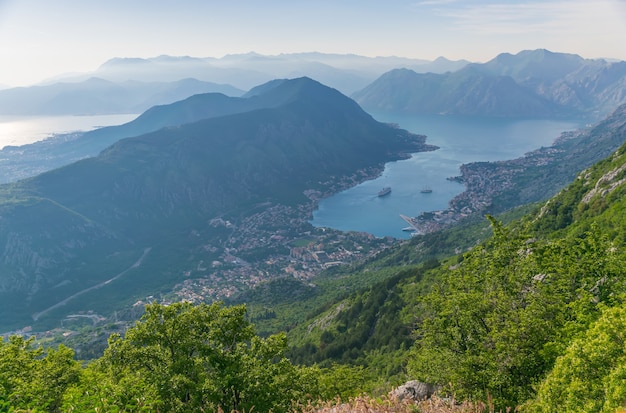 A view of the ancient city of Kotor and the Boka Kotorska bay from the top of the mountain.