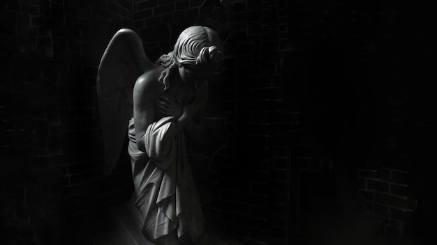 Photo view of angel statue in darkroom