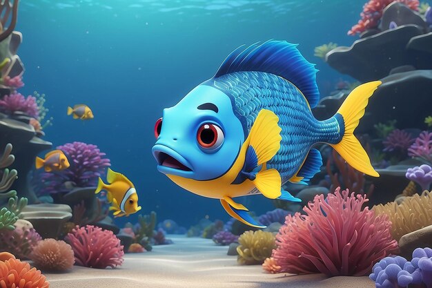 View of animated cartoon 3d fish