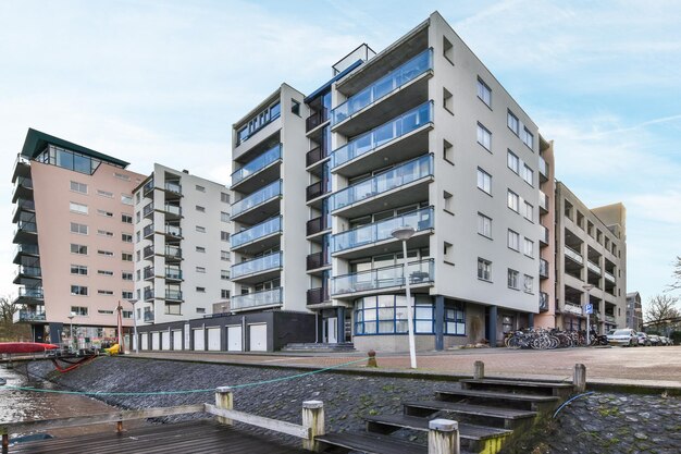 A view of an apartment building from the waterfront